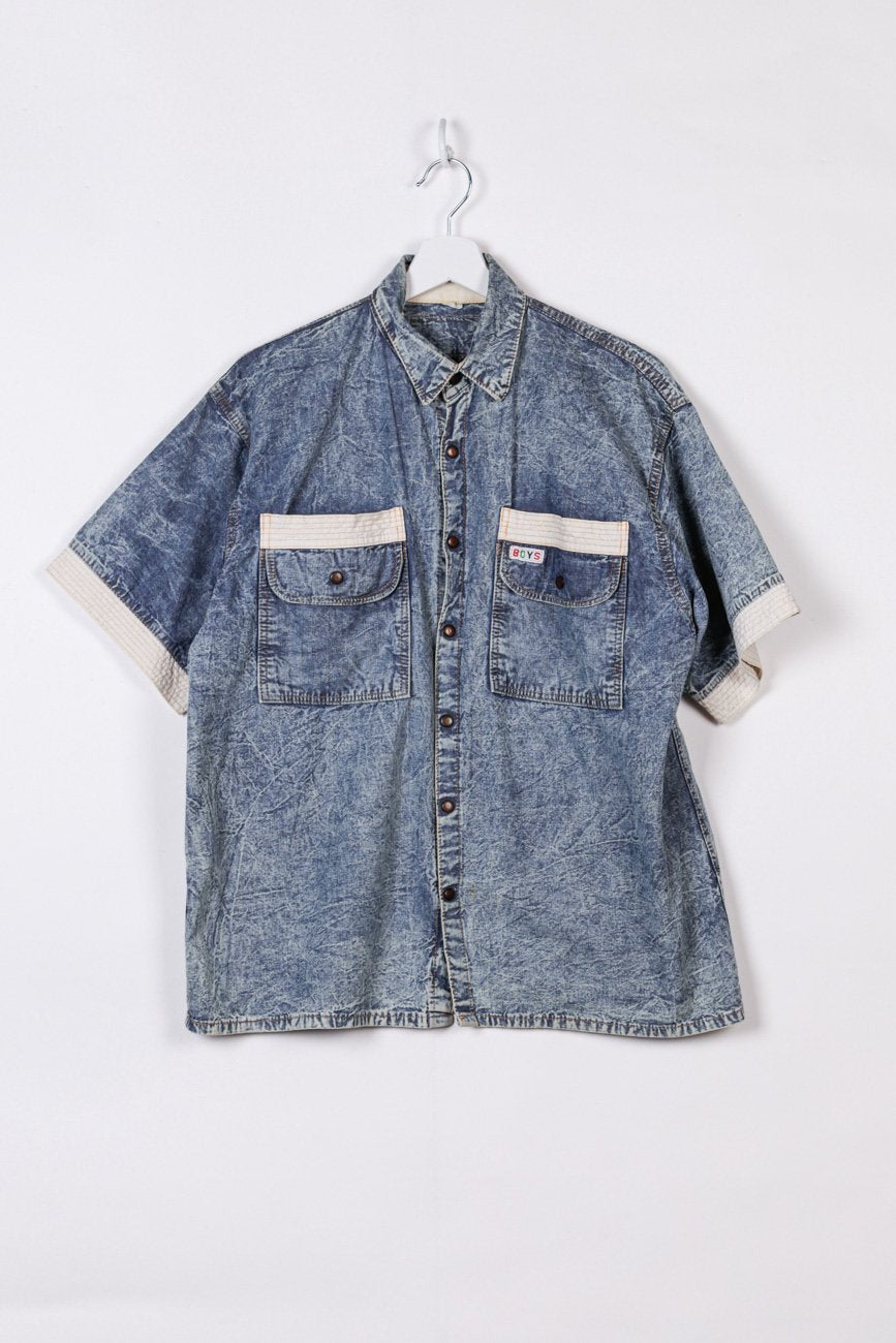 Vintage Kilo Sale Fashion Store Denim Kurzarmhemd in Blau mit Weißen Ärmeln S
